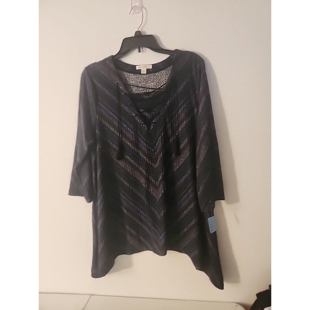 John Paul Richard Navy Blue Chevron V-Neck Lace Up Pullover Top Women's Size XL